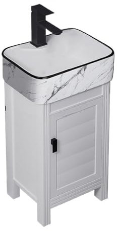 Lavandino del bagno Lavandino da bagno piccolo con mobiletto in alluminio metallico a 1 anta, lavabo su piedistallo superiore in ceramica con rubinetto e kit di scarico, lavandino combinato a paviment