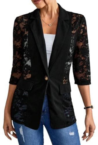 Goolecrimp Blazer da Donna in Maglia di Pizzo schiacciato Patchwork di Pizzo Blazer a Sette Maniche 2024 Giacca da Ufficio da Lavoro Leggera a Sette Maniche con Risvolto Estivo