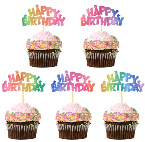 24 Stück Glitzer Geburtstag Cupcake Toppers, Happy Birthday Geburtstagsdeko, Alles Gute zum Geburtstag Kuchendekoration für Geburtstagsfeier Zubehör Party Dekoration (Regenbogen)