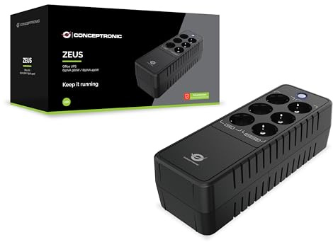 CONCEPTRONIC ZEUS09E 850 VA 490 W USV för kontor, 3 x Schuko med batteri- och överspänningsskydd, 3 x Schuko med överspänningsskydd, RJ45 på/utgång