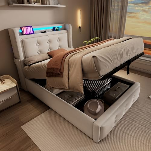 KEYIDE Polsterbett 90x200 cm, Einzelbett mit Stauraum und Lattenrost, LED Kopfteil mit USB C Ladefunktion,Stauraumbett Funktionsbetten Rückenlehne Bettgestell, Baumwolle (Beige, 90x200 cm)