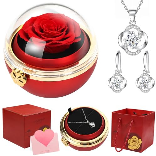 Elekin Rosa Eterna Giratorio Esférico Caja de Regalo de Rosa Preservada con Conjunto de Joyas Regalos Originales para Mujer Mama Novia Hermana Abuela Caja Regalo