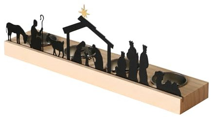 Portavelas con figuras de belén negro – 29 x 6 cm – silueta de pueblo navideño con soporte para 4 velas – Navidad Adviento invierno velas soporte mesa ventana decoración juego de sombras