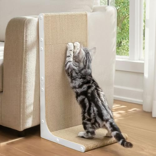 Conlun Grattoir pour Chat, 58 cm Forme en L Montable au Mur, Plateau à Gratter Vertical, Carton Durable pour Protéger Les Meubles des Chats d'Intérieur, Grand,Blanc