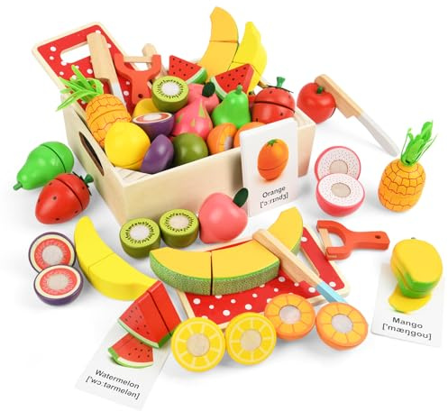HOTUT Kinderküche Spielzeug aus Holz,Küchenspielzeug Zubehör Holz Obst Gemüse mit Klett-Verbindung,Schneiden Obst Gemüse Lebensmittel Holzspielzeug,Lernspielzeug für Jungen und Mädchen