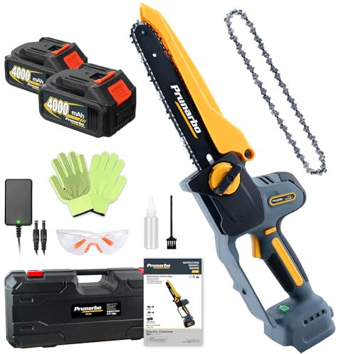 Prunarbo Mini Tronçonneuse Scie à Chaîne sur Batterie 2x 4.0Ah 800W Moteur Brushless, Lubrification Automatique 8 Pouces pour Jardin Bricolage - Compatible Makita 18V Batteries (PR-E8)