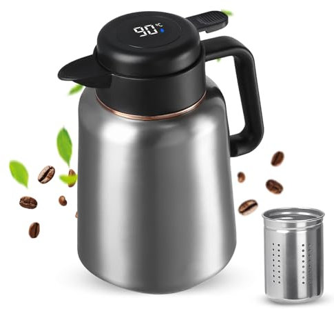 Thermos de 1,8 l - Avec infuseur amovible - En acier inoxydable - Avec affichage de la température - Pour thé, café et lait