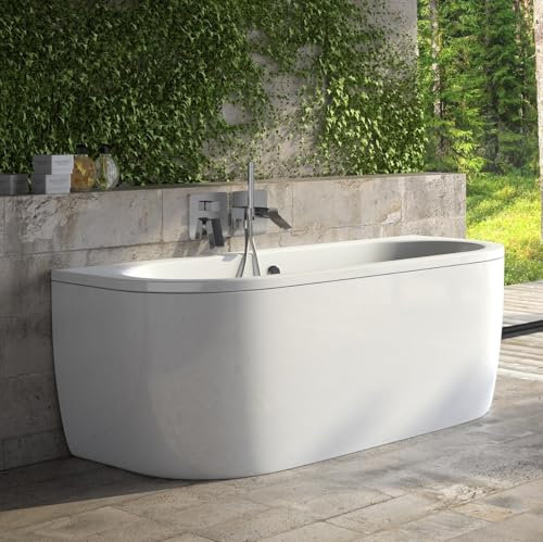 ECOLAM® exklusive Vorwandbadewanne freistehende Badewanne moderne Wanne freistehend Volya 140x75 cm + Ablaufgarnitur Click Clack Überlauf Slim Design glamour weiß