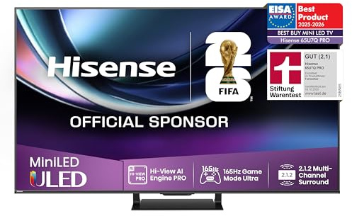 Hisense 65U7Q Pro Fernseher 65 Zoll, 4K Mini LED, Smart TV, Hi-View AI Engine Pro, 165Hz Game Mode Ultra, FreeSync Premium Pro, 2.1.2 ch. Surround Sound, Dolby Vision IQ Atmos, Sprachsteuerung [2025]