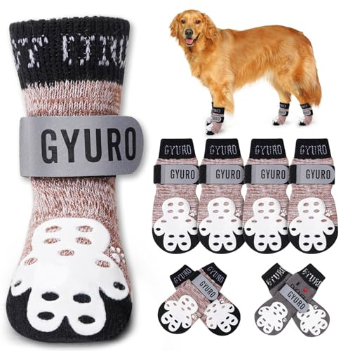 GYURO 4-seitige rutschfeste Hundesocken mit reflektierenden verstellbaren Trägern für Indoor-Pfotenschutz auf Hartholzböden mit Vollschutz-Traktionskontrolle (Khaki, XL)