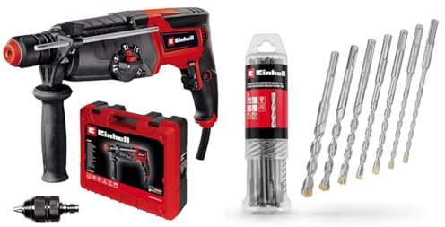 Einhell Martillo perforador TE-RH 950 5F (950 W, engranaje de 2 marchas, intensidad de impacto 3 J, recepción SDS Plus, potencia de perforación hormigón 28mm, tope de profundidad,) + Juego de 7 brocas