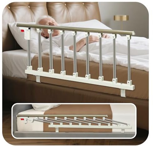 NEAUDE Bed Side Rails Guard for Elderly Adults Seniors Assist Rail Safety Bed Cane Railings Fold Down Handle Handicap Medical Support Assistance Devices Half Grab Bar
