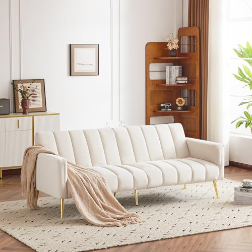 Merax Klappbares Schlafsofa 2 Sitzer Sofa mit Schlaffunktion Schlafcouch Bettsofa mit Großer Liegefläche von 220 cm L × 104 cm B, Couch fürs Wohnzimmer/Schlafzimmer/Gästezimmer, Beige