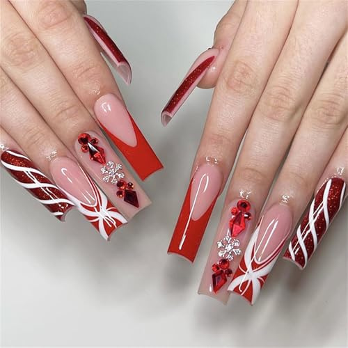 Lot de 24 faux ongles à presser carrés longs en acrylique pour Noël