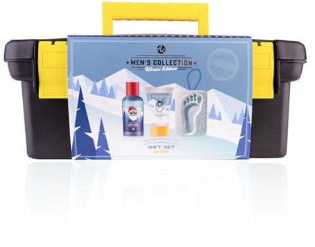 Coffret cadeau Accentra pour homme COLLECTION HOMME ÉDITION HIVER dans une petite boîte à outils, shampoing et gel douche, baume après-rasage, savon avec cordon, coffret de soins de Noël
