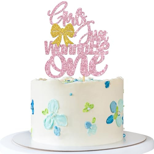 Girls Just Wanna Be One Cake Topper - Girl 1st Birthday Party Cake Supplies - Gender Reveal - Bow Sign Sweet Baby Girl Birthday Party Decoration - Pink Glitter