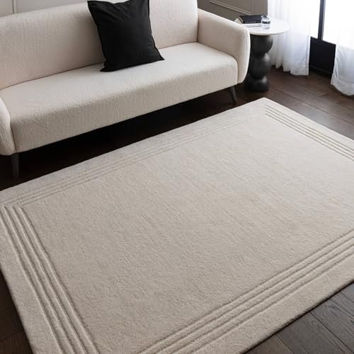 Lord of Rugs Noro Hand-Tufted Undyed Natural Wool Rug Hand Carved Framed Border Modern Minimalist Design Soft & Durable Living Room Rug Ivory, 160 x 230 cm (5'3x7'7)
