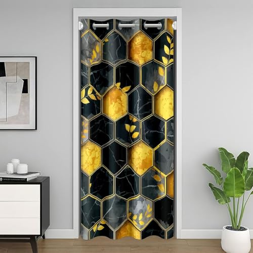 Manfei Tenda oscurante a nido d'ape nera gialla con motivo geometrico esagonale, per camera da letto, ingresso, soggiorno, tenda per porta botanica con foglie, decorazione per la camera dei bambini