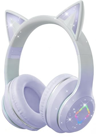 Caijin Casques Bluetooth Enfants, Oreilles de Chat LED, Bluetooth 5.3 Stéréo, Bandeau Réglable, Limite de Volume 85dB, Pliables, Modes Carte TF/Fil/Bluetooth, Compatibles PC, Téléphone, iPad