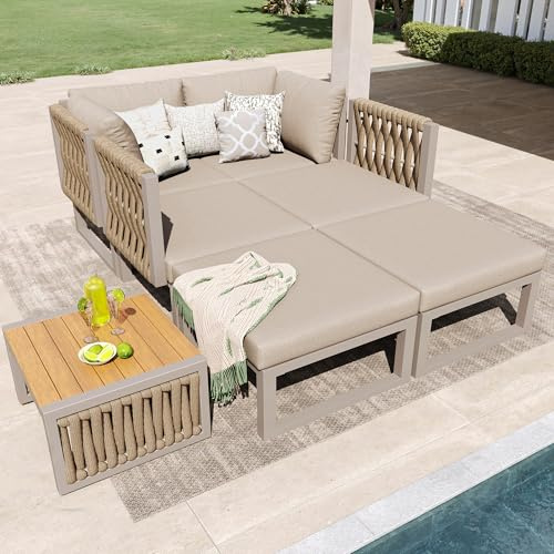 Mrwoo Gartenmöbel Set, Garten Loungesessel für 6 Personen, Verstellbarer Rückenlehnenwinkel, Doppelliege für Außenbereich mit Sitzkissen & Rückenkissen,als Outdoor Bett Nutzbar (Beige)