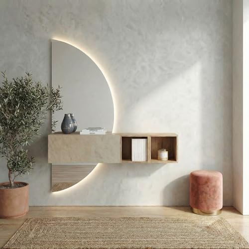 Mobile Ingresso Sospeso Moderno 124x155x30 cm Made in Italy - Salvaspazio con Ante Ribalta Montaggio Appeso, Specchio Mezzaluna Retroilluminato LED - Mobiletto per Corridoio (Argilla e Cadiz)