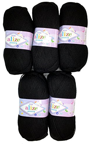 5 x 100g Strickwolle Alize Bebe einfarbig, 500 Gramm Wolle zum Stricken und Häkeln (schwarz 60)