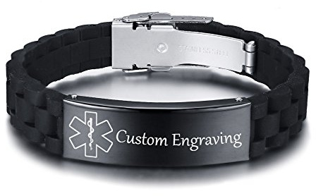 VNOX Personalizado Personalizar Grabado Acero Inoxidable Pulsera de Alerta Médica Pulsera Médica de Silicona Negra para Hombres Mujeres,18-22.5cm Ajustable.