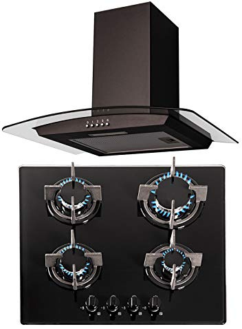 SIA 60cm 4 Burner Black Gas On Glass Hob And Curved Glass Cooker Hood Extractor