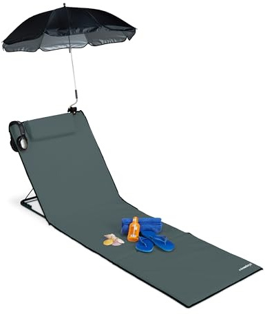 Relaxdays Strandmatte, anthrazit | gepolsterte Strandliege XXL m. Sonnenschirm, 3-stufig verstellbar, Kopfkissen, tragbar