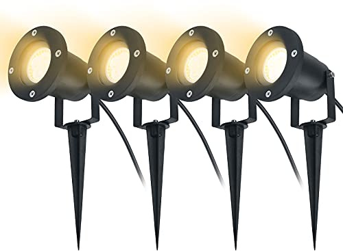 Aufun Gartenstrahler 4W LED Gartenleuchte mit Erdspieß, Rasen Licht Warmweiß, Wasserdicht IP65 für Außenbereich Garten Teich Landschaft, ohne Schukostecker, 4 Stück