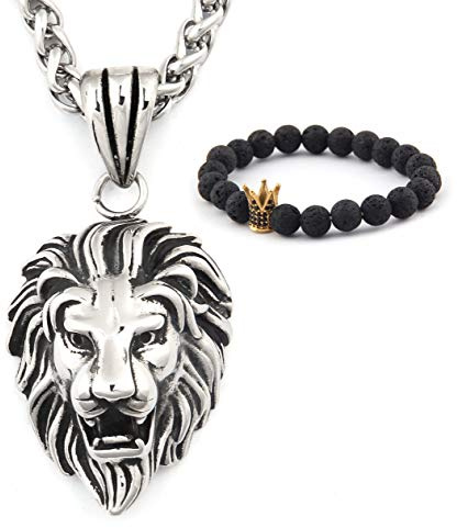 Gungneer Lion CZ Stone Necklace Pendant Stainless Steel Keel Chain Animal Accessory King Jewelry for Men Women