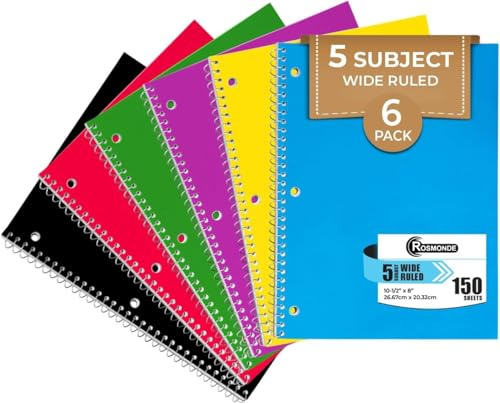 Rosmonde 5 Subject Notebook Wide Ruled, 6 Pack, 300 Pages (150 Sheets), 8 x 10-1/2, 5 Subject Spiral Notebook with Dividers, Thick Paper Fights Ink Bleed, 3 Hole Punched, Spiral Notebooks for School