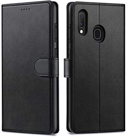 Focusor Skyddsfodral för Samsung Galaxy A20e, läderfodral för Samsung A20e, magnetisk, [plånbok] skyddsfodral av konstläder, stötsäker, stativfunktion för kort för A20e, svart
