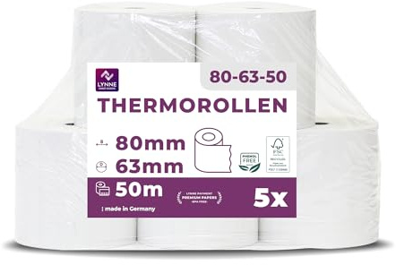 LYNNE - Rouleau Thermique 80x63x12 - Bobine 80x63 pour imprimante - Rouleau imprimante thermique 80mm x 50m x 12mm - Sans BPA - [5x]