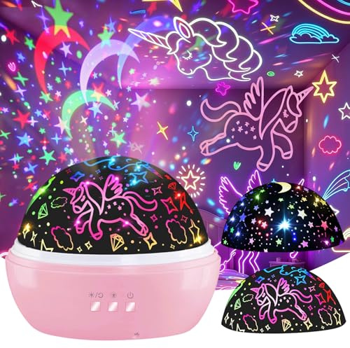 DQMOON Einhorn Geschenke für 2-7 Mädchen, 2 in 1 Einhorn Spielzeug ab 3-9 Jahre Mädchen sternenhimmel projektor Rotierendes Nachtlicht Kinder, Weihnachtsgeschenke Geburtstagsgeschenke ab 2-10 Kinder