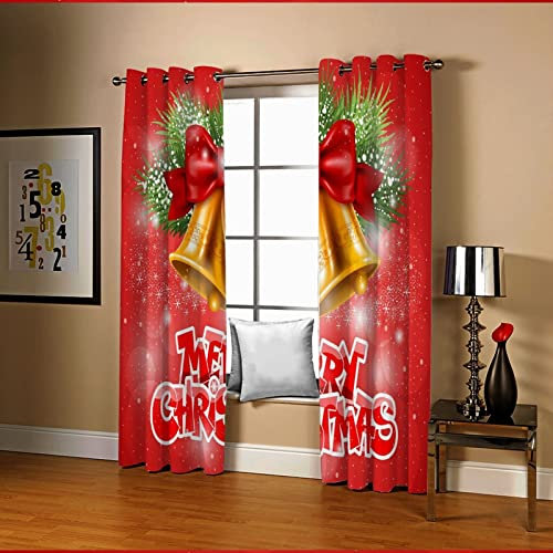 AMDXD Tenda Finestre, Tende Cameretta Bambini Poliestere Rosso Oro Verde Buon Natale Fiocco & Campana di Natale Tende Oscuranti 214x138CM