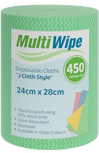 MultiWipe 1 x 450 Green J Cloth Style Cleaning Cloths On A Roll | Made With 30% Wood Pulp | 24cm x 28cm Perforated Cloths | £0.059p per cloth