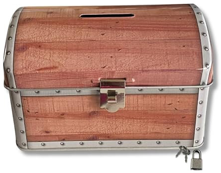 MediMuc Spardose Piratentruhe - wunderschöne Spardose in Holzoptik mit Schloss und Schlüssel - lebensmittelecht - Aufbewahrungsdose, Blechdose - Maße: (L x B x H): 12,8 x 8,3 x 6,3cm