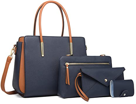 FANDARE Damen Handtasche 4 Stück Set Umhängetasche Frauen Reise Citytasche mit Unterarmtasche Brieftasche Schulterbeutel Shopper Tote für Mädchen Alltag Büro Schule Ausflug Henkeltasche Dunkelblau