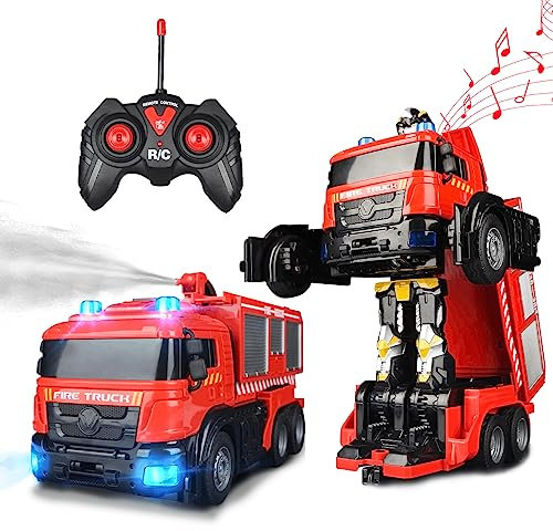 Hodlvant Fire Truck Car Transforming Robot Car Fire Rescue Toy RC Truck Transport Car for Age 4-12, Toy Fire Engine Remote Control Play Vehicle for Kid Boys Xmas Birthday Easter Gift