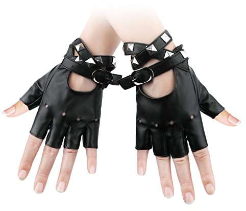 KINBOM 1 paire Gants sans Doigts en Cuir, PU Souple Gants Punk Rave Gants sans Doigts Femme Cuir avec Bracelet à pour Halloween Femme Adolescents