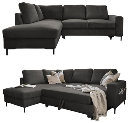 MIUFORM Lofty Lilly, 6er Ecksofa mit Schlaffunktion, Links, Grau | Kord Sofa mit Schlaffunktion, Schlafsofa mit Bettkasten, Ecksofa L-Form, 237x197x84cm, Couch mit Schlaffunktion, Sofa Bed