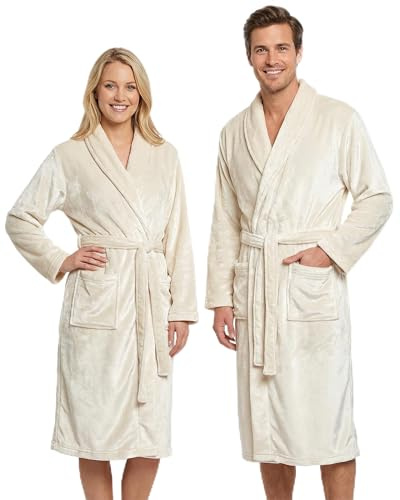 Gräfenstayn® Damen & Herren Kuschelfleece Bademantel ohne Kapuze mit Öko-Tex Standard 100 in Größe S-XXXL (L, Creme)