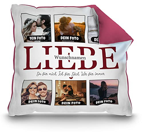 PR Print Royal Kissen mit Füllung - Fotocollage selbst gestalten mit Spruch - Wir für Immer - mit Namen und sechs eigenen Fotos - Geschenkidee Fotokissen | Farbkissen Rückseite Pink, 40 x 40 cm