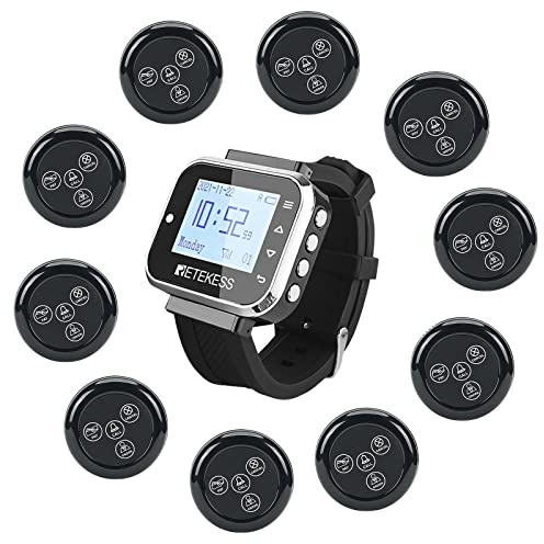 Retekess TD110-TD032 Sistema de Buscapersonas, Sistema de Llamada de Camarero, 8 Idiomas, Tiempo de Espera de 72 Horas, hasta 999 Botones de Llamada, para Bar Restaurante