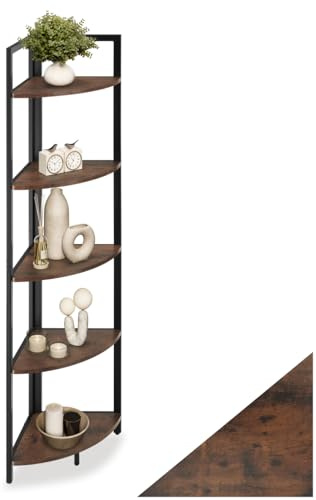 tectake® Scaffale ad Angolo, Stile Industriale, Metallo e Legno, Libreria Design, Scaffale Salvaspazio, 5 Ripiani Arrotondati, Scaffalatura Moderna - 30 x 30 x 150 cm, Industriale Scuro