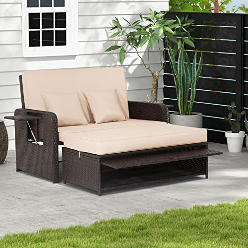 GIANTEX Balkonmöbel Lounge Möbel Outdoor, Gartensofa mit Hocker, Rattan Sofa mit Schlaffunktion, Balkonlounge Klein, Gartenlounge Gartenmöbel platzsparend mit Stauraum, Lounge Sofa Outdoor 2 Sitzer
