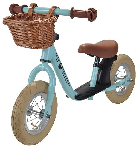 Bandits & Angels Laufrad aus Metall mit Weidenkorb Retro Mint mit Trittbrett ab 2 Jahren – Mintfarbenes Lauflernrad – Verstellbarer Sattel 29 bis 39 cm – Für Jungen und Mädchen – Niedriger Einstieg