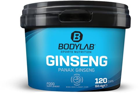 Bodylab24 Ginseng 120 Kapseln, mit 550mg reinem Panax Ginseng Extrakt pro Kapsel, ideal als Ergänzung bei starker körperlicher Belastung, jede Packung enthält 120 Portionen