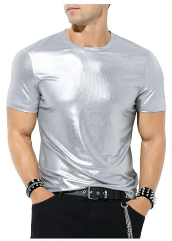 Casey Kevin Herren Metallic Glänzend Shirt Nachtclub T-Shirts Clubwear, S
